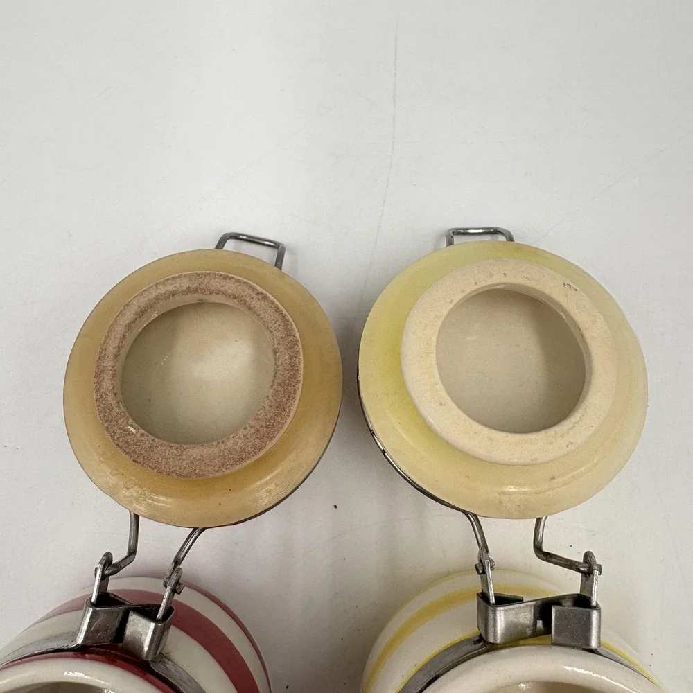 Striped Ceramic Jam Jars Set Of 2 Red‎ Yellow Clamp Lid Airtight Kitchen Storage